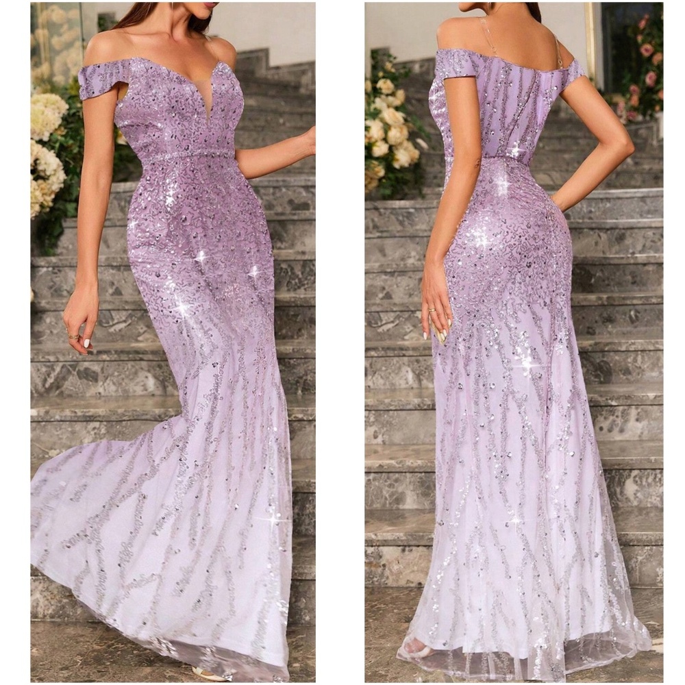 Ombre Sequin Off Shoulder Bodycon Party Formal Prom Wedding Dress - Picture 3 of 9